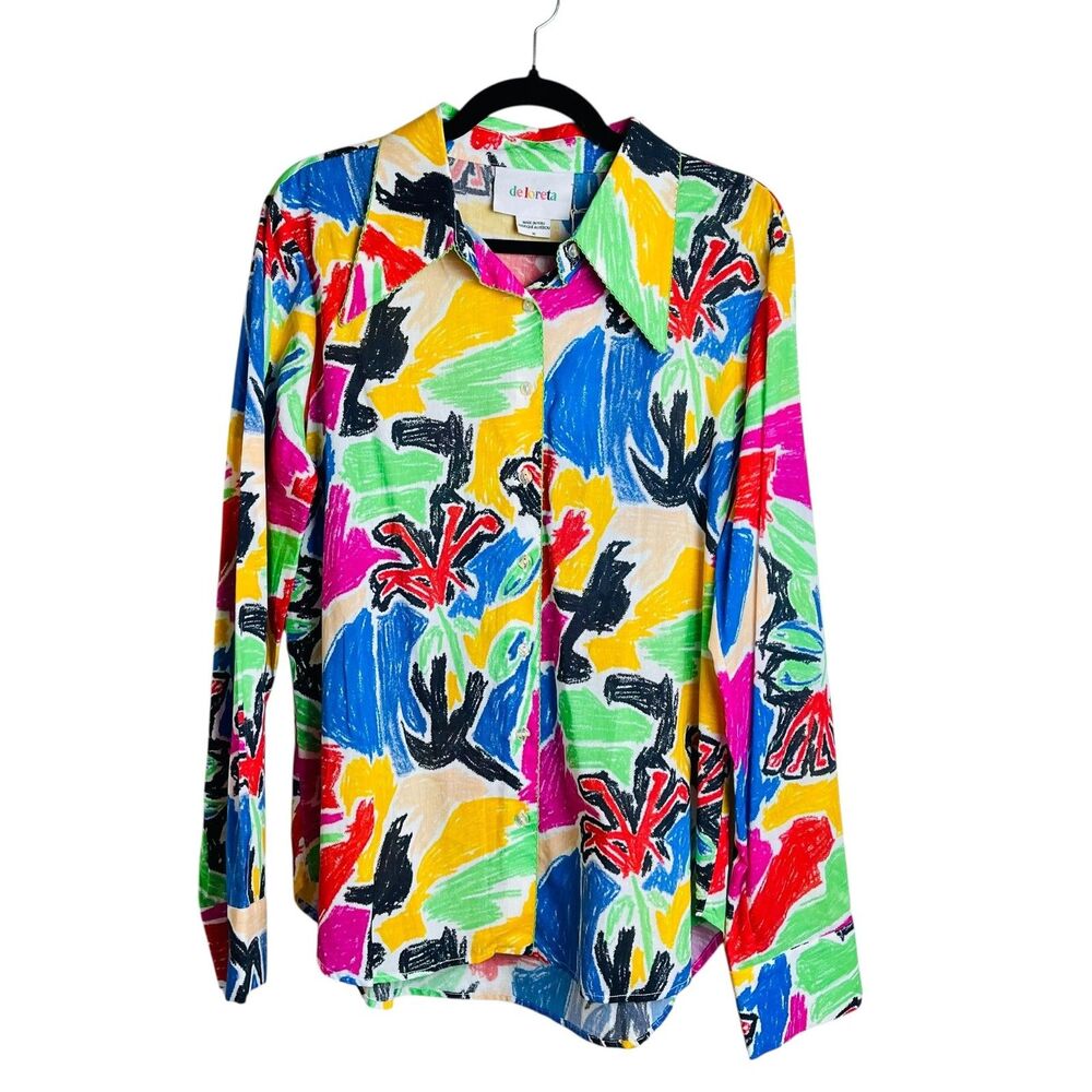 Deloreta Shirt Womens XL Multicolor Abstract Graphic Button Up Long Sleeve Peru